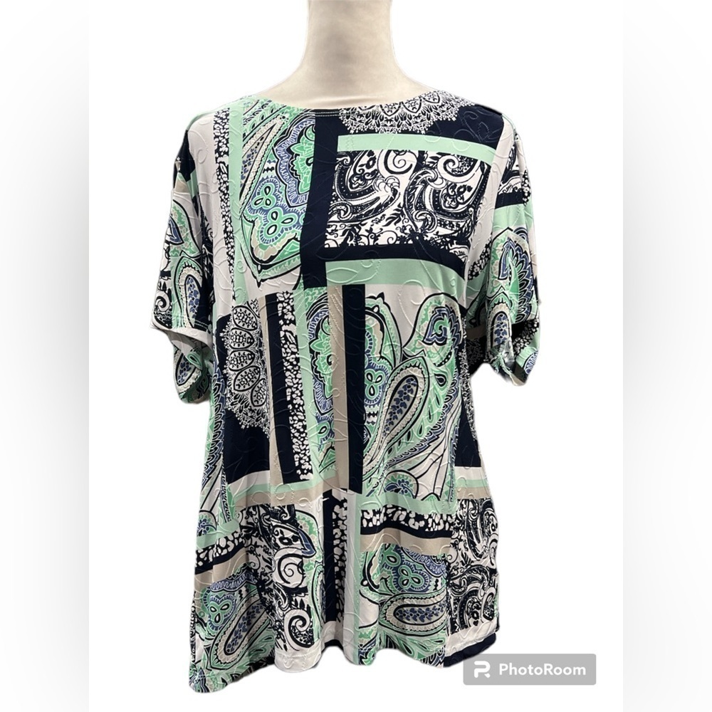 JM Collection‎ Blue/Green Textured Paisley Blouse Size Large